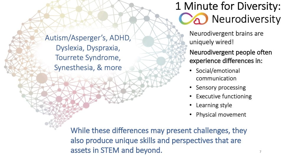 1 Minute 4 Diversity slide on Neurodiversity and what can be done to make space for it in the lab