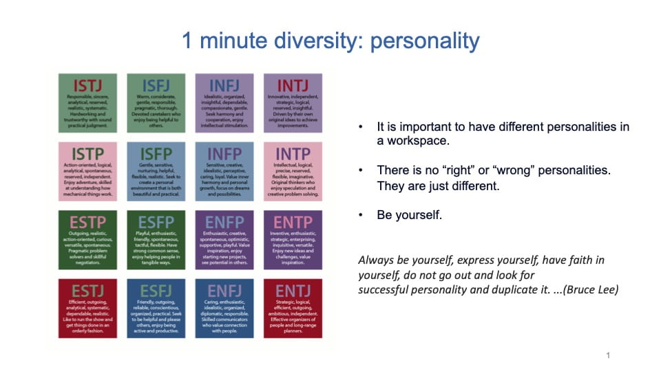 1 Minute 4 Diversity slide on different personality types and being yourself